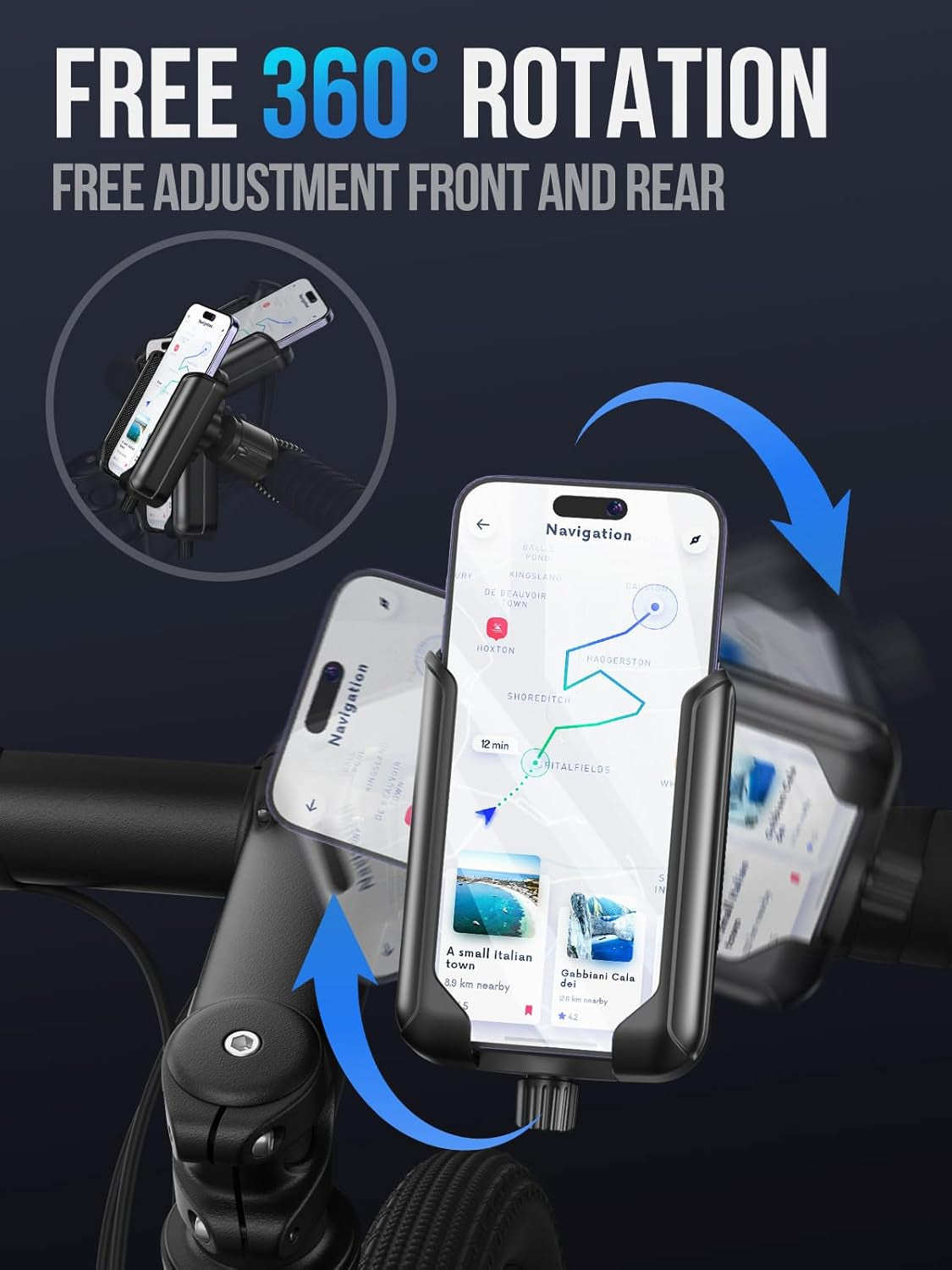Bike Phone Holder, Motorcycle Phone Mount - Motorcycle Handlebar Cell Phone Clamp, Supports 360° All-Round up and down Rotation,Scooter Phone Clip for 4.7" to 7.2" Smartphones