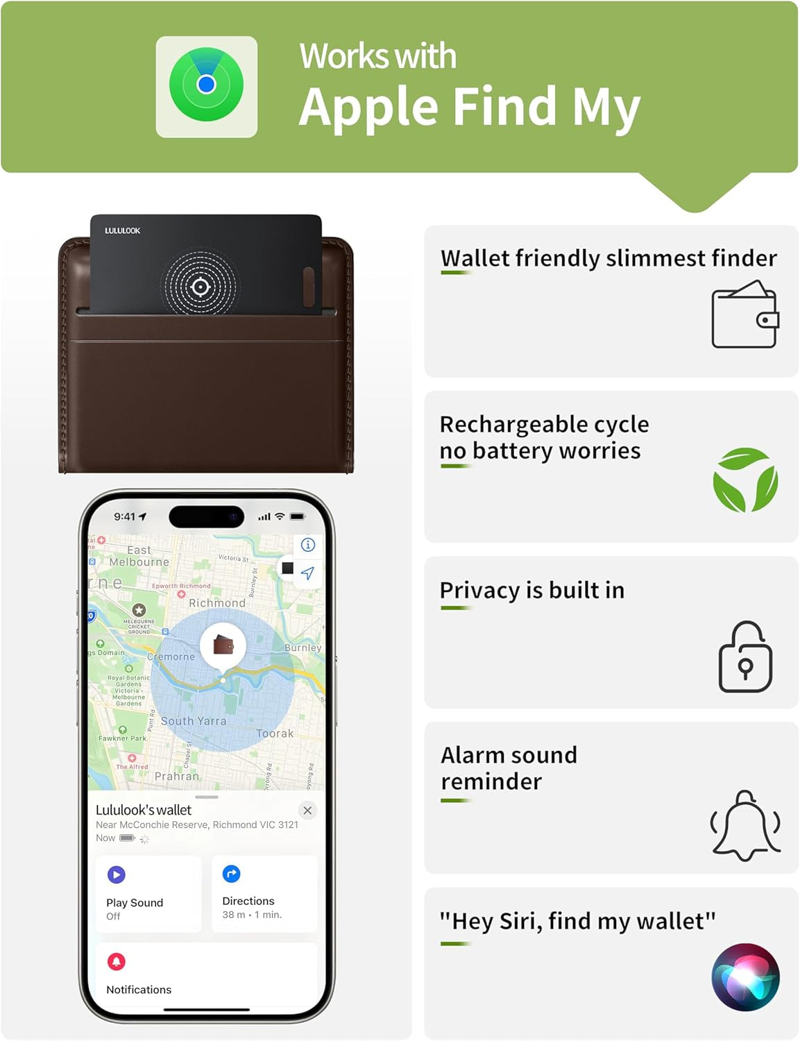 Wallet Tracker Card, Ultra Slim Tracking Card, Wireless Rechargeable, Works with Apple Find My (Ios Only) for Effortless Wallet Tracking, Item Card Finder for Luggage, Purse and More, Waterproof