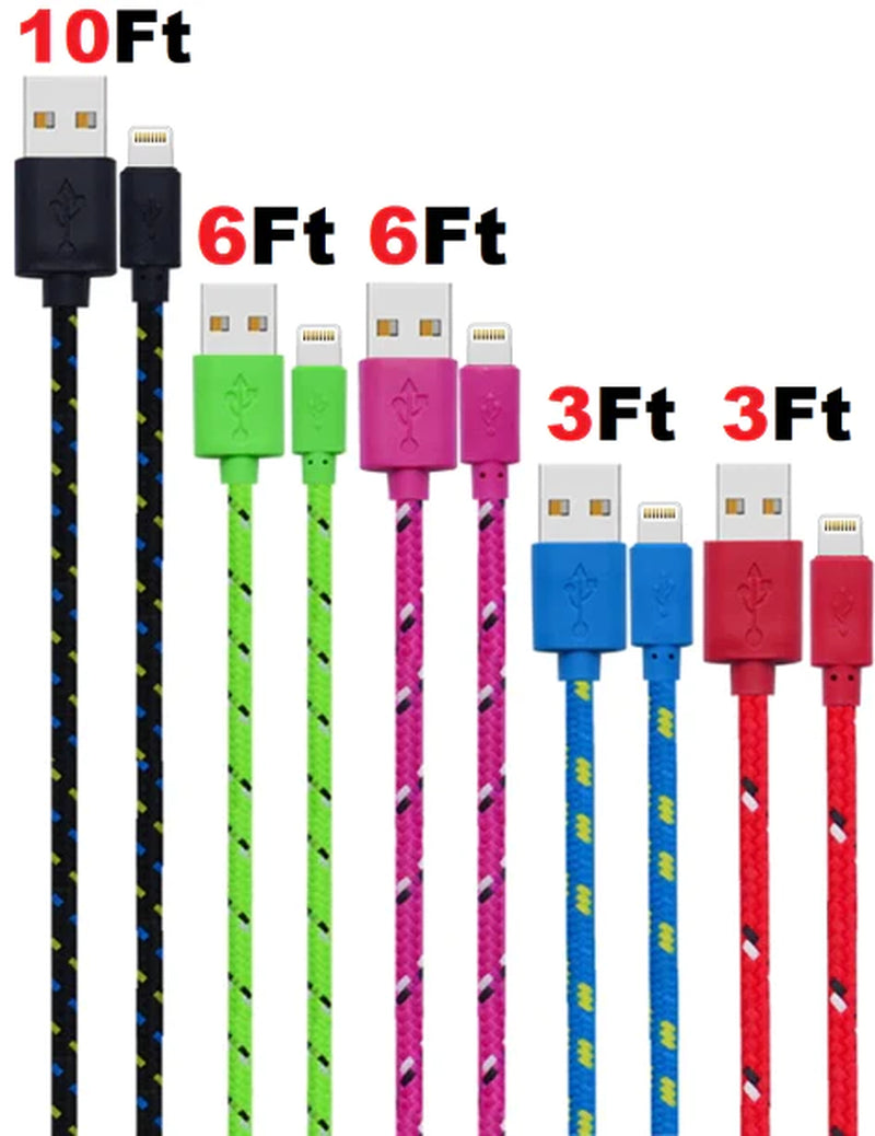 Charging Data Cable 5 Pack 3/6/10Ft Charger Nylon Braided for Apple Iphone Ipad