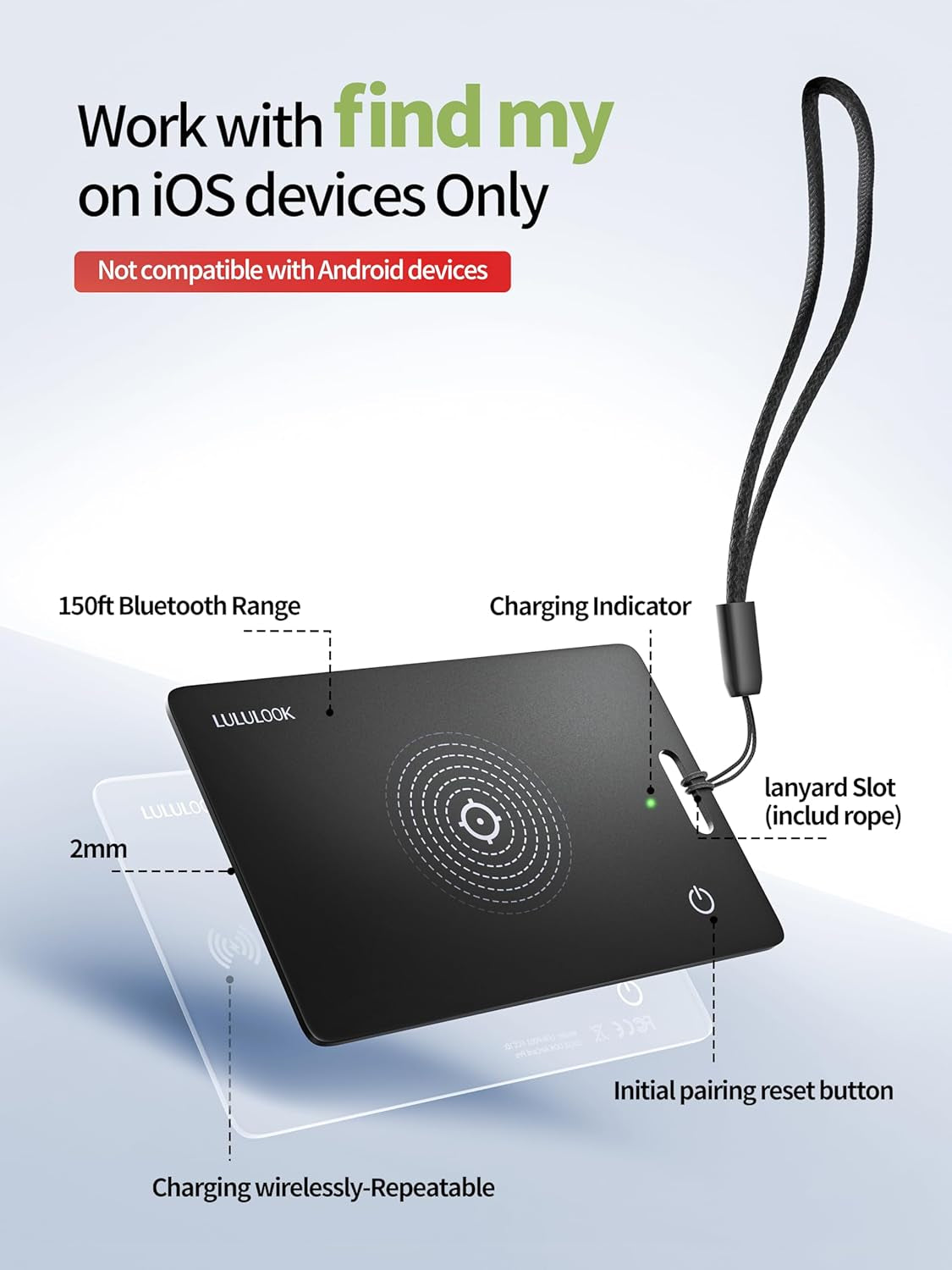 Wallet Tracker Card, Ultra Slim Tracking Card, Wireless Rechargeable, Works with Apple Find My (Ios Only) for Effortless Wallet Tracking, Item Card Finder for Luggage, Purse and More, Waterproof