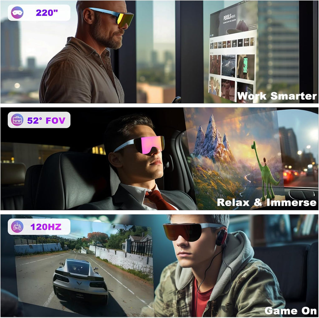 AR Glasses with 220" Virtual Screen, 52° FOV, 1080P Micro OLED, Privacy Shield, Myopia Adjustment for Gaming, Movies, Work, Compatible with Iphone 16/15, Steam Deck, ROG, Mac, PC