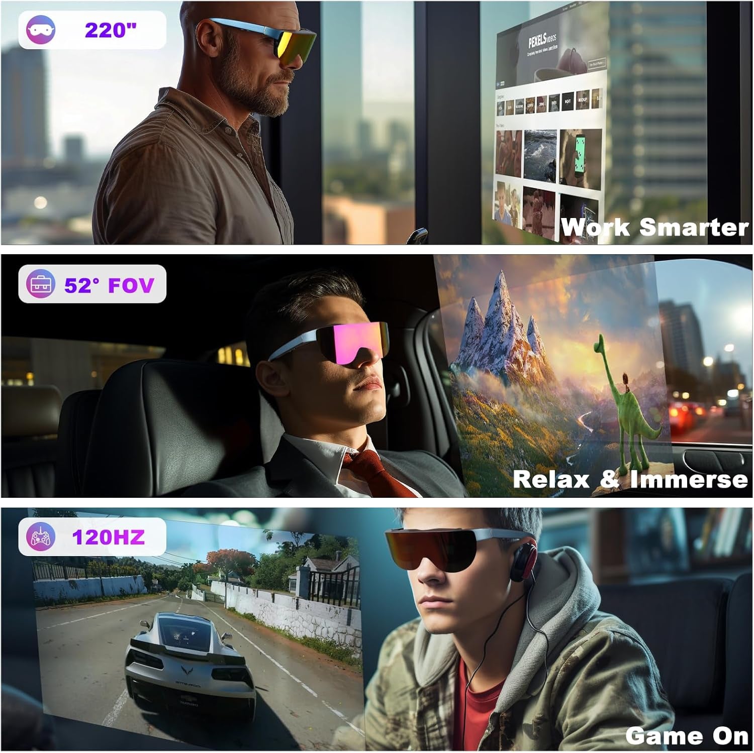AR Glasses with 220" Virtual Screen, 52° FOV, 1080P Micro OLED, Privacy Shield, Myopia Adjustment for Gaming, Movies, Work, Compatible with Iphone 16/15, Steam Deck, ROG, Mac, PC
