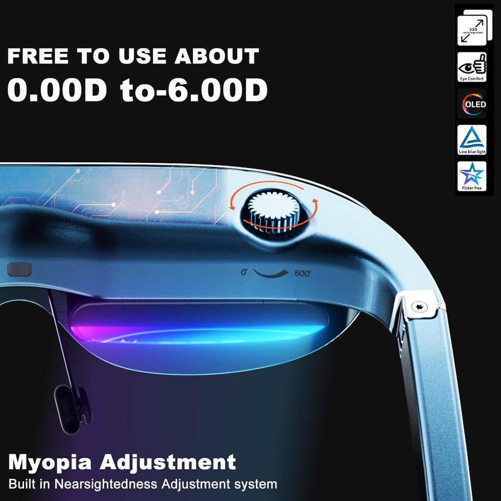 AR Glasses with 220" Virtual Screen, 52° FOV, 1080P Micro OLED, Privacy Shield, Myopia Adjustment for Gaming, Movies, Work, Compatible with Iphone 16/15, Steam Deck, ROG, Mac, PC