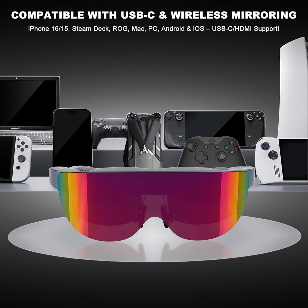 AR Glasses with 220" Virtual Screen, 52° FOV, 1080P Micro OLED, Privacy Shield, Myopia Adjustment for Gaming, Movies, Work, Compatible with Iphone 16/15, Steam Deck, ROG, Mac, PC
