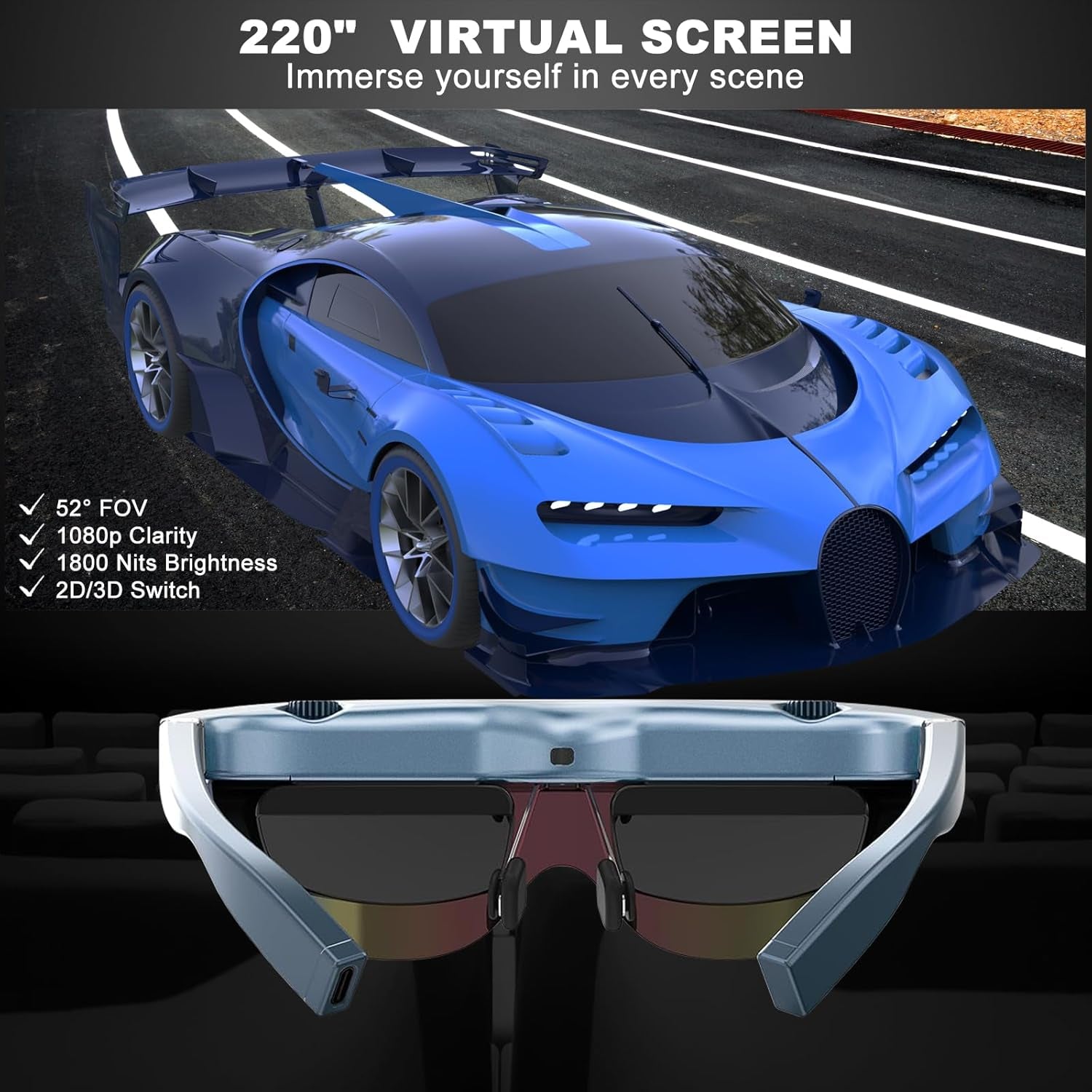 AR Glasses with 220" Virtual Screen, 52° FOV, 1080P Micro OLED, Privacy Shield, Myopia Adjustment for Gaming, Movies, Work, Compatible with Iphone 16/15, Steam Deck, ROG, Mac, PC