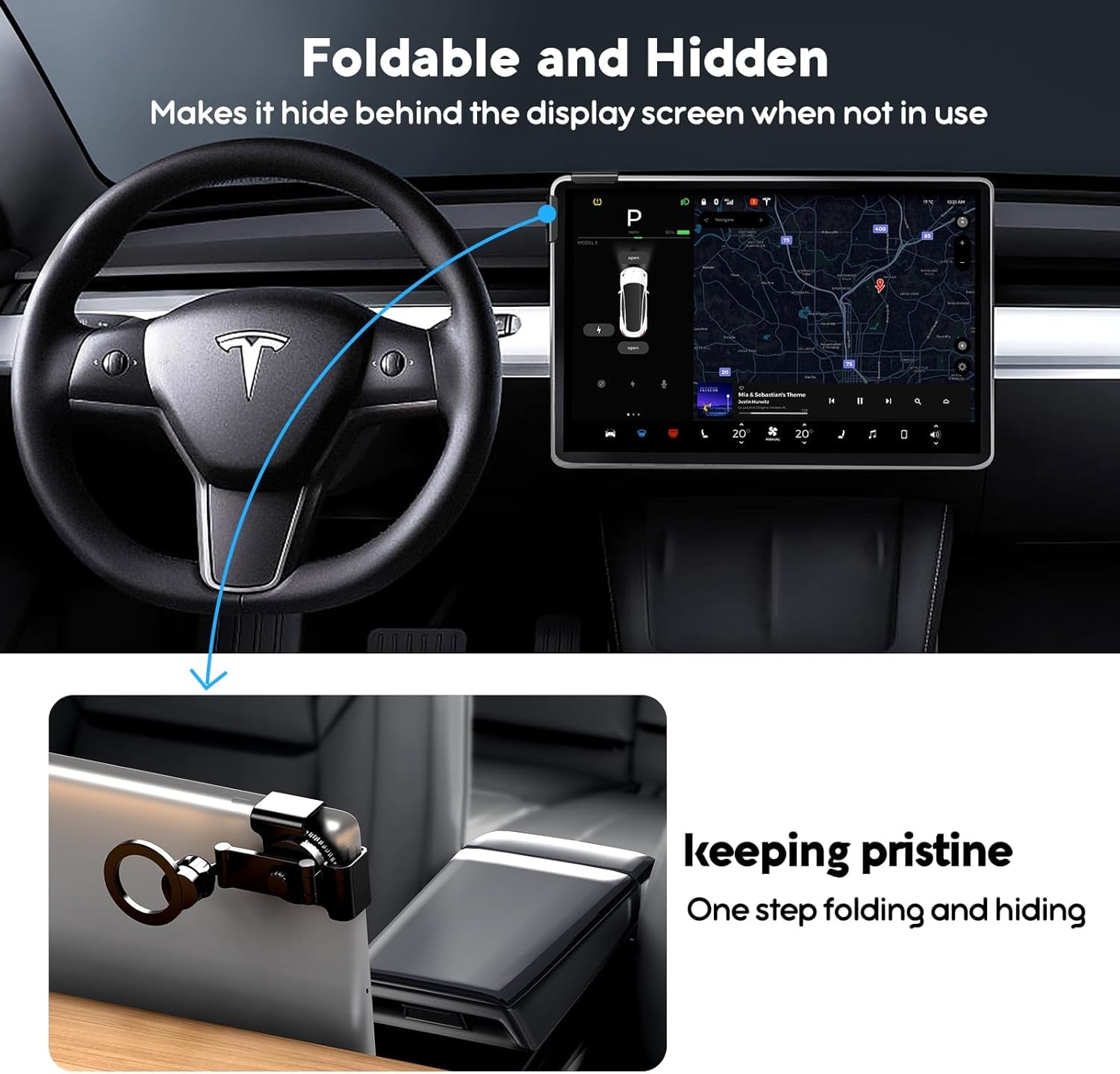 Tesla Model 3 Y S X Phone Mount Holder, Universal in Airplane Computer Phone Holder，Foldable Hidden Tesla Phone Holder Fit for All Phone, Tesla Model S X Y 3 Accessories 2025 2024